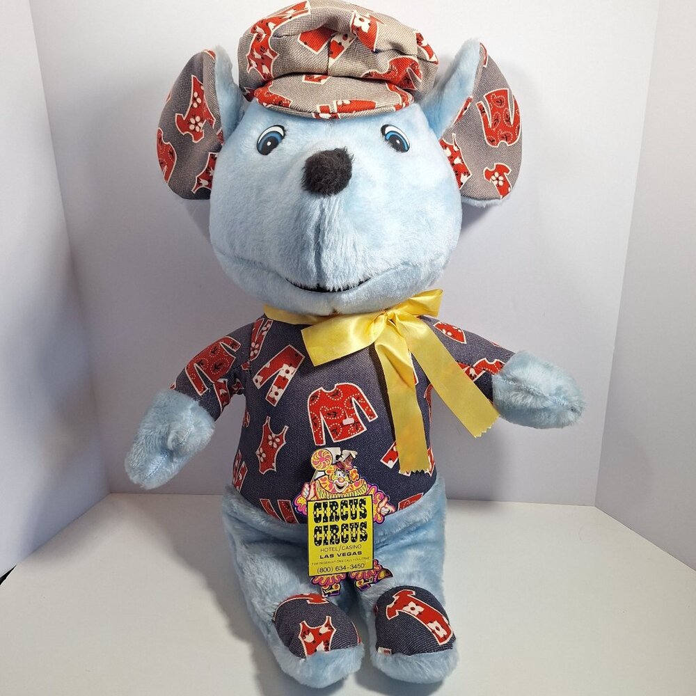 Circus Circus Plush Blue Mouse 70s Style Outfit Large 22" Yellow Bow With Tags